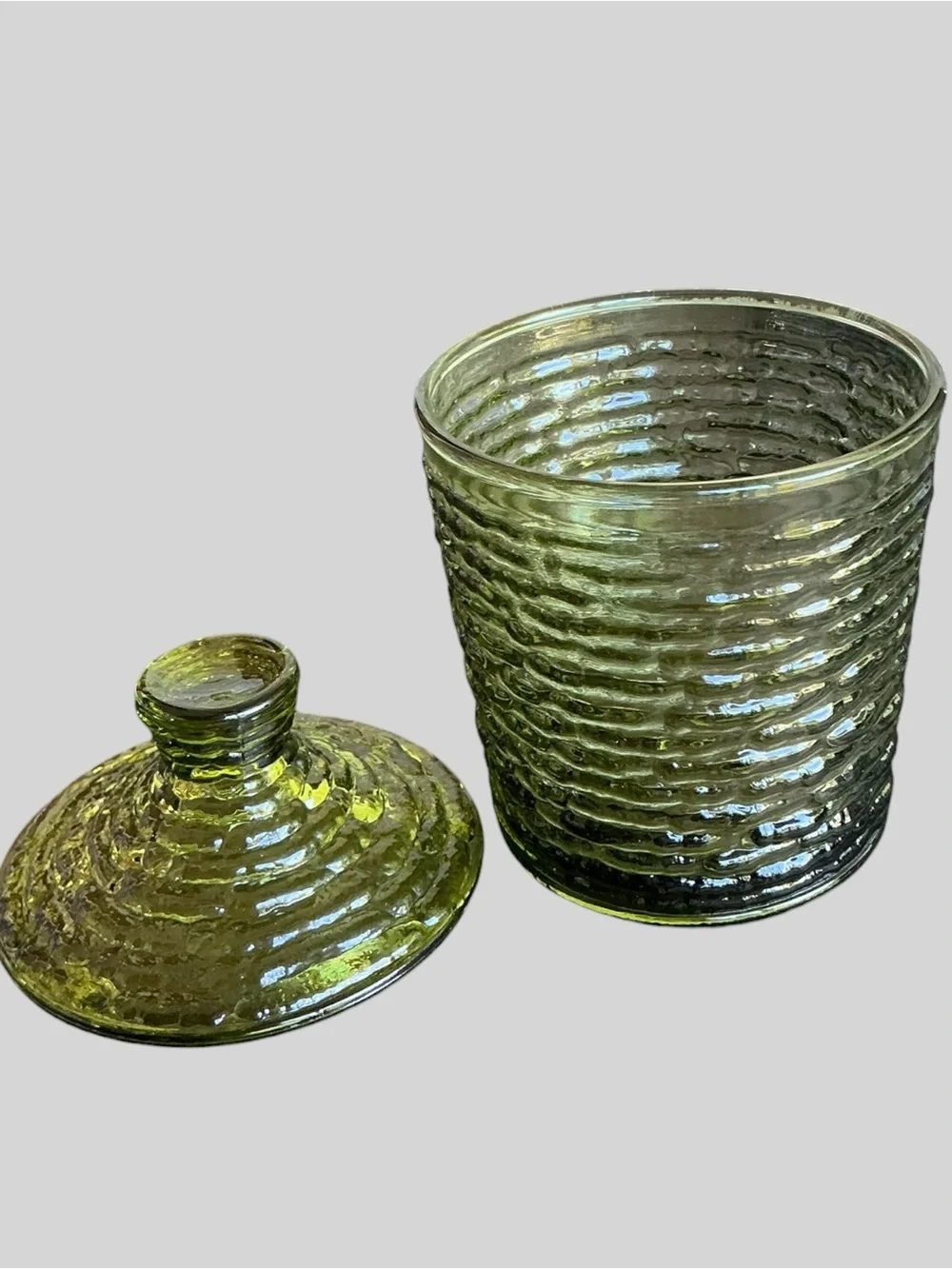 Vintage Anchor Hocking Soreno Avocado Green Glass Condiment Set MCM Retro